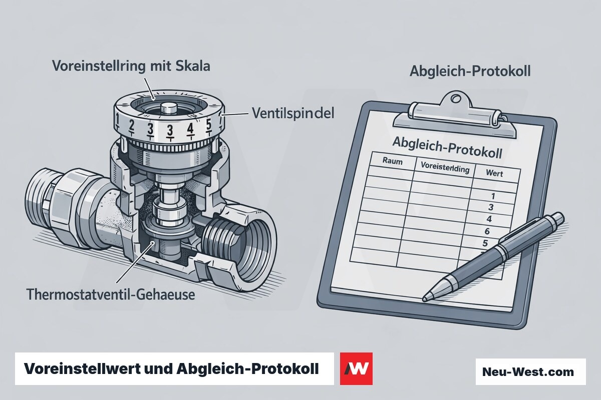 Cutaway eines Thermostatventils mit numeriertem Voreinstellring neben dem schriftlichen Abgleich-Protokoll mit Voreinstellwerten je Raum.