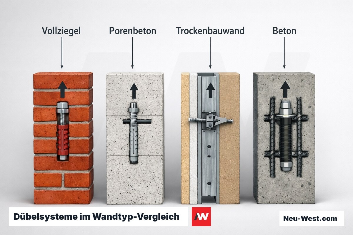 Dübelsysteme im Wandtyp-Vergleich: zulässige Zuglasten – Erklär-Grafik (NEUWEST Berlin)
