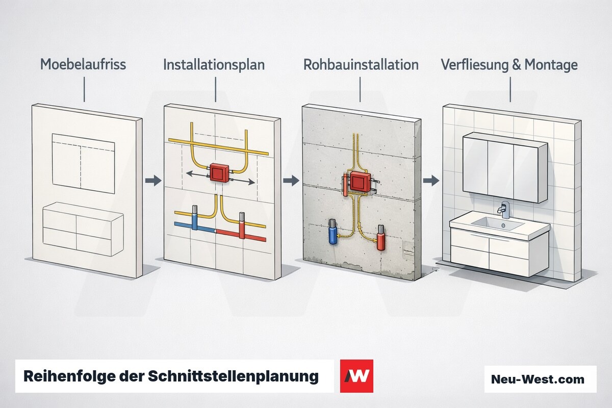Erklär-Grafik der vier Arbeitsschritte von Möbelaufriss über Installationsplan und Rohbauinstallation bis Verfliesung mit exakt platzierter Steckdose hinter dem Spiegelschrank.