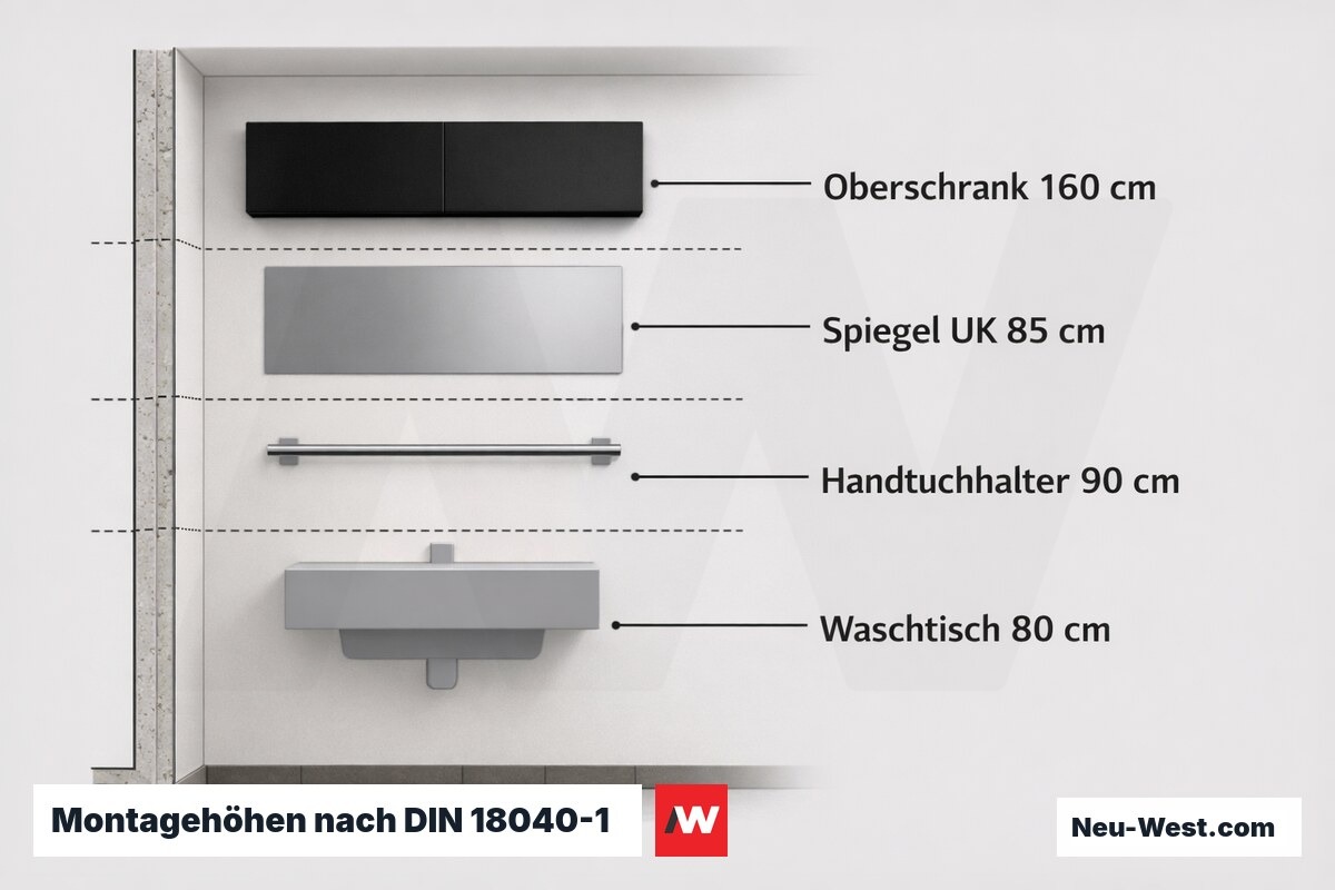 Montagehöhen nach DIN 18040-1: Barrierefreies Bad (Maßbild) – Erklär-Grafik (NEUWEST Berlin)
