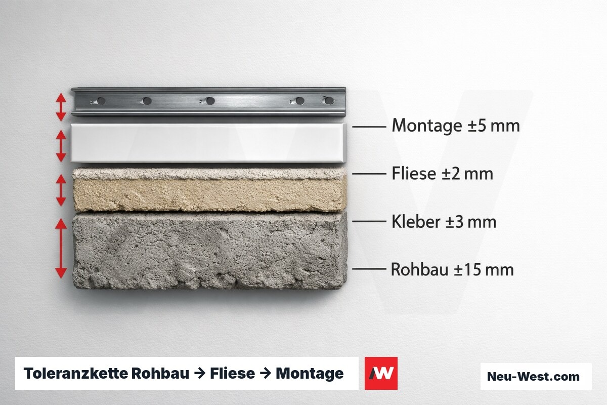 Toleranzkette Rohbau → Fliese → Montage nach DIN 18202 – Erklär-Grafik (NEUWEST Berlin)