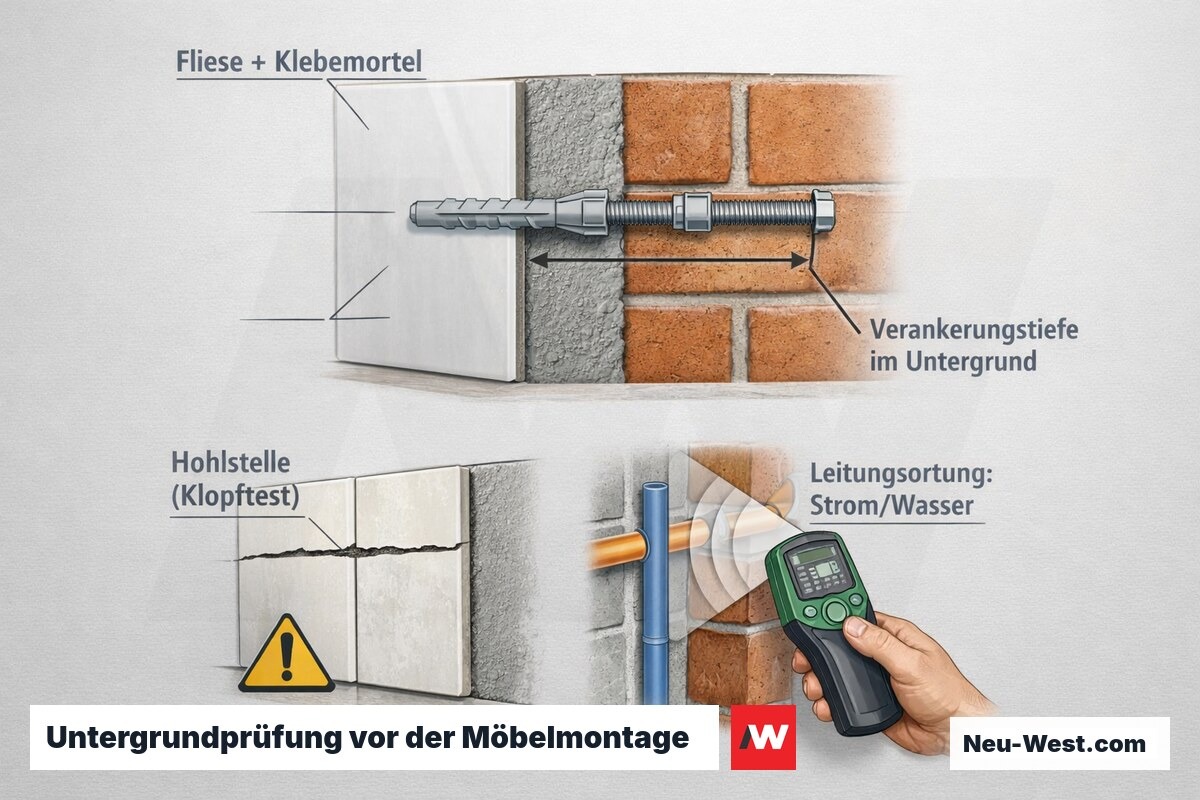 Wandquerschnitt: Dübelanker reicht durch Fliese und Klebemörtel ins Mauerwerk, mit Verankerungstiefe, Hohlstelle und Leitungsortung hinter dem Bohrpunkt.