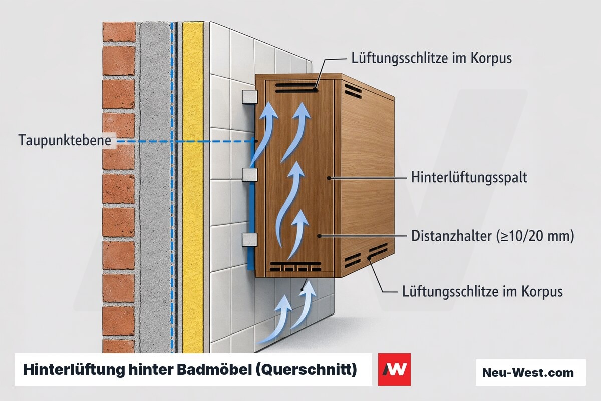 Querschnitt einer Badwand mit Möbelkorpus, Hinterlüftungsspalt, Distanzhaltern, Lüftungsschlitzen und verschobener Taupunktebene.