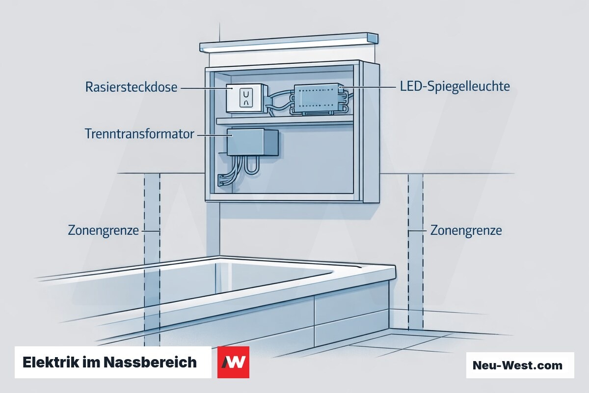 Querschnitt Badwand mit Spiegelschrank, Rasiersteckdose, Trenntransformator, LED-Leuchte und Zonengrenzen an der Badewanne.