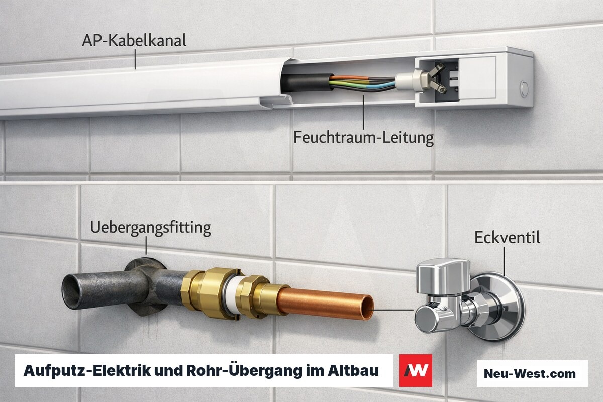 Cutaway-Detail: Aufputz-Kabelkanal mit Feuchtraumleitung am Spiegelschrank sowie Bleirohr mit Übergangsfitting zu Kupfer und neuem Eckventil.