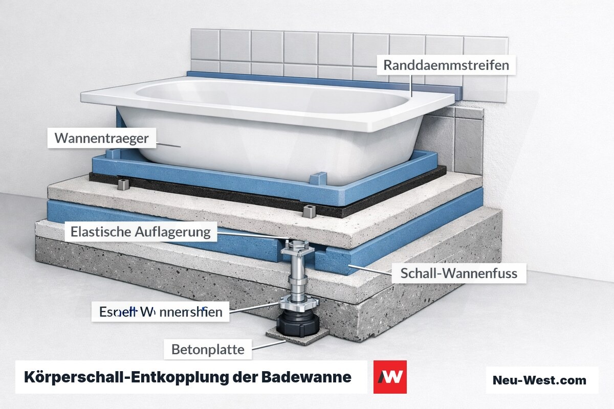 Querschnitt einer eingebauten Badewanne mit Wannenträger, elastischer Auflagerung, Schall-Wannenfüßen und Randdämmstreifen zur Körperschall-Entkopplung.