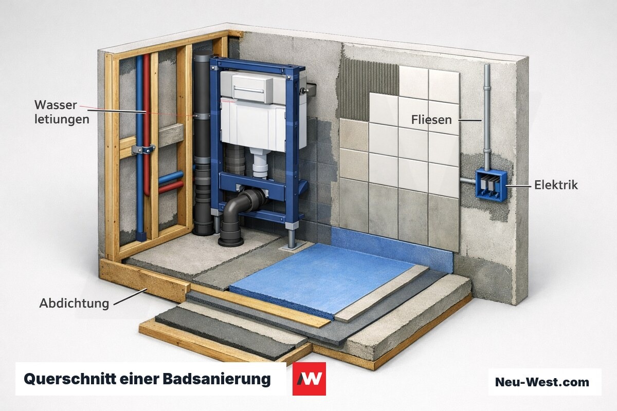 Technischer Querschnitt eines Bades in Sanierung mit Wasserleitungen, Abwasserrohr, Abdichtung, Fliesen und Elektroinstallation im geoeffneten Wandaufbau.