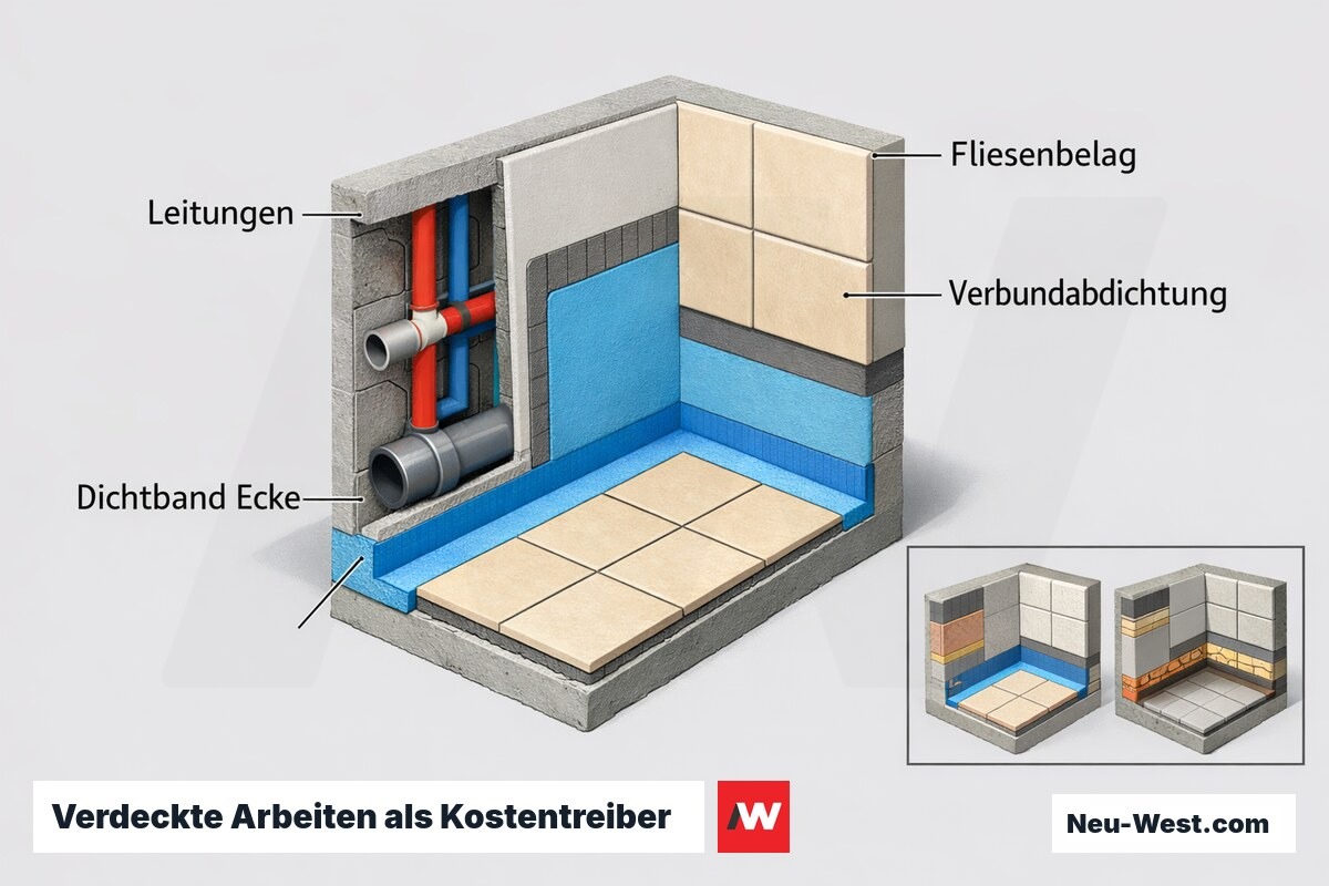 Querschnitt einer Badwand mit Leitungen, Abdichtung und Fliesen, der die verdeckten Arbeiten als groessten Kostenfaktor einer Badsanierung zeigt.