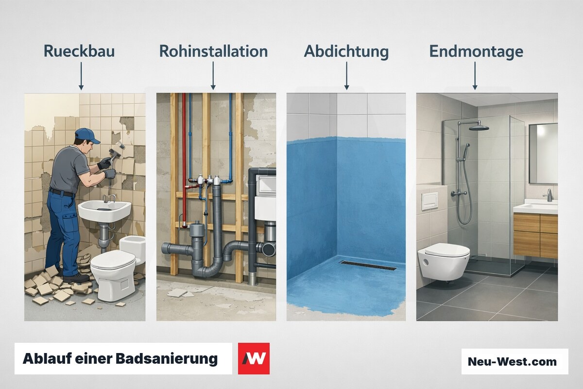 Illustrierte Prozessfolge einer Badsanierung: Rückbau der Altausstattung, neue Rohrleitungen, Abdichtung und fertiges Bad mit bodengleicher Dusche.