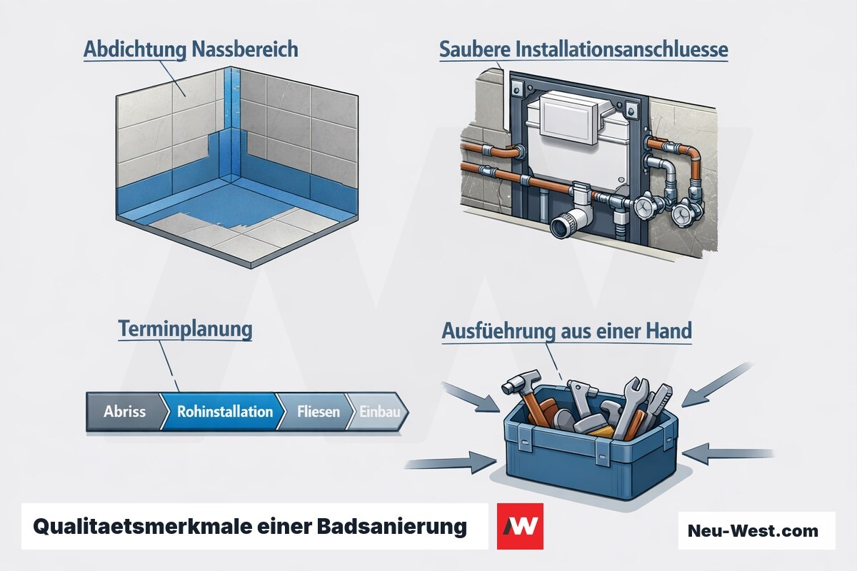 Erklaer-Illustration der vier Qualitaetsmerkmale einer Badsanierung: Abdichtung im Nassbereich, saubere Installationsanschluesse, Terminplanung und Ausfuehrung aus einer Hand.