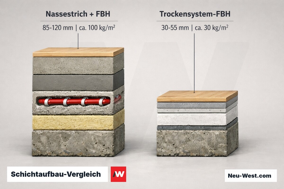 Schichtaufbau-Vergleich: Nassestrich mit FBH vs. Trockensystem auf Rohdecke – Erklär-Grafik (NEUWEST Berlin)