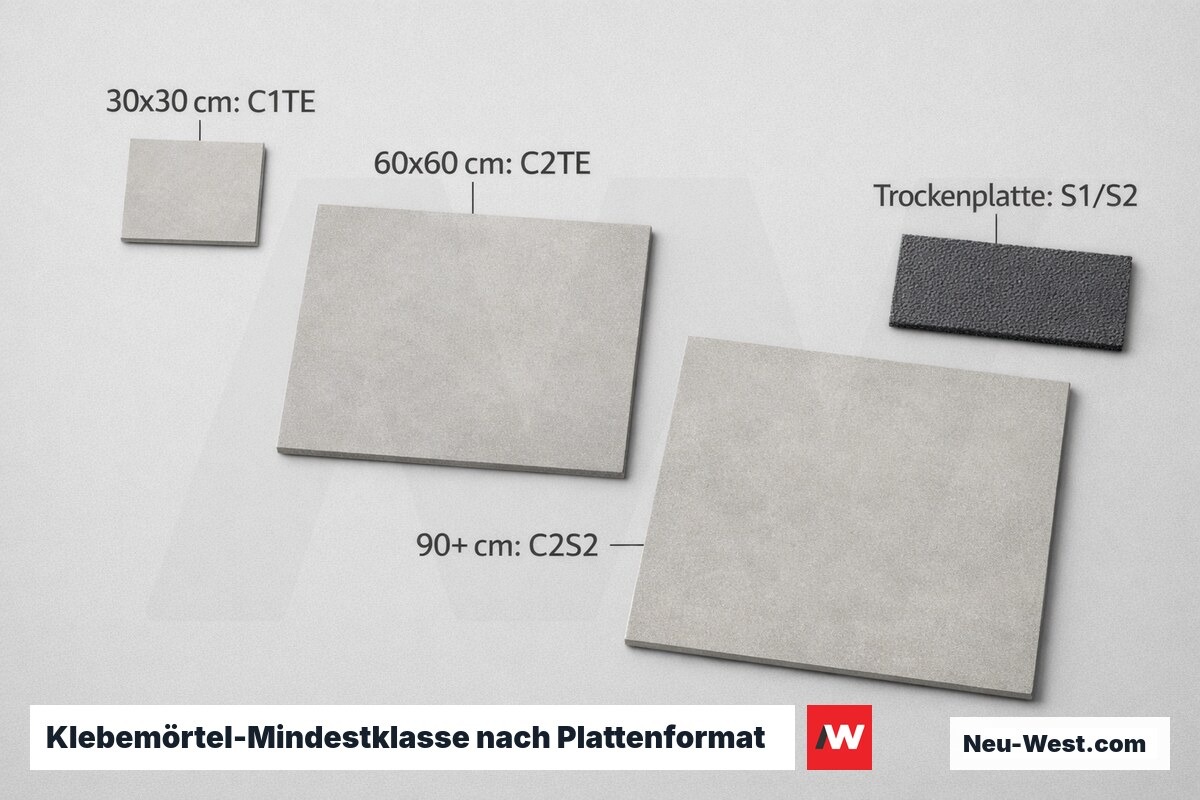 Klebemörtel-Mindestklasse nach Plattenformat: C1TE bis C2S2 – Erklär-Grafik (NEUWEST Berlin)