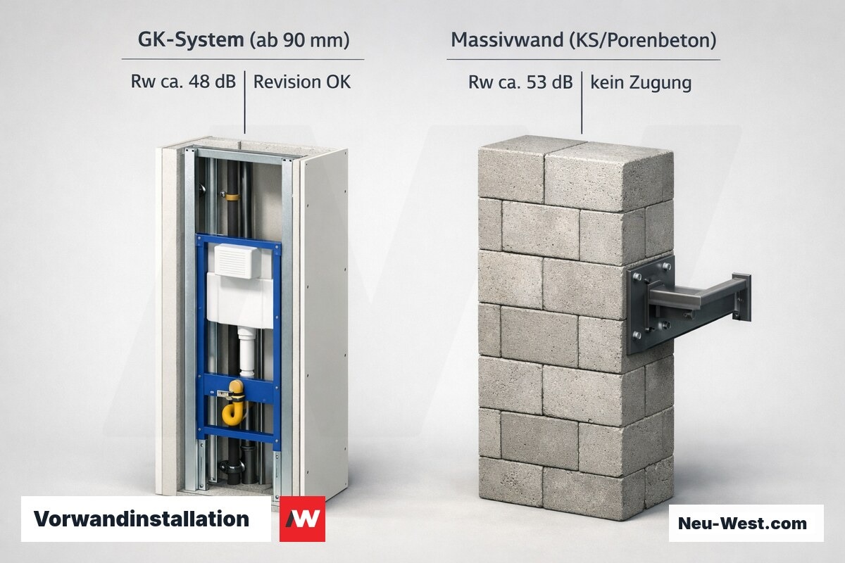 Vorwandinstallation: Ständerwerk-GK vs. Massivkonstruktion – Erklär-Grafik (NEUWEST Berlin)