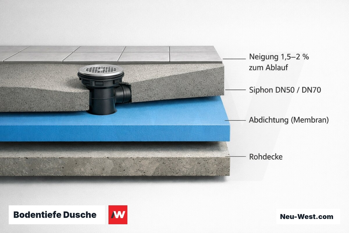 Bodentiefe Dusche: Gefälle, Siphon-Einbauhöhen und Geruchsverschluss – Erklär-Grafik (NEUWEST Berlin)
