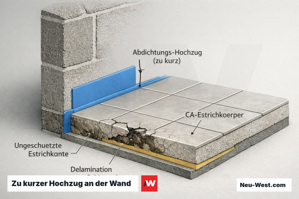 Querschnitt Wand-Boden-Anschluss: zu niedriger Abdichtungshochzug lässt CA-Estrichkante ungeschützt, Delamination und Schimmel im Estrichkörper.