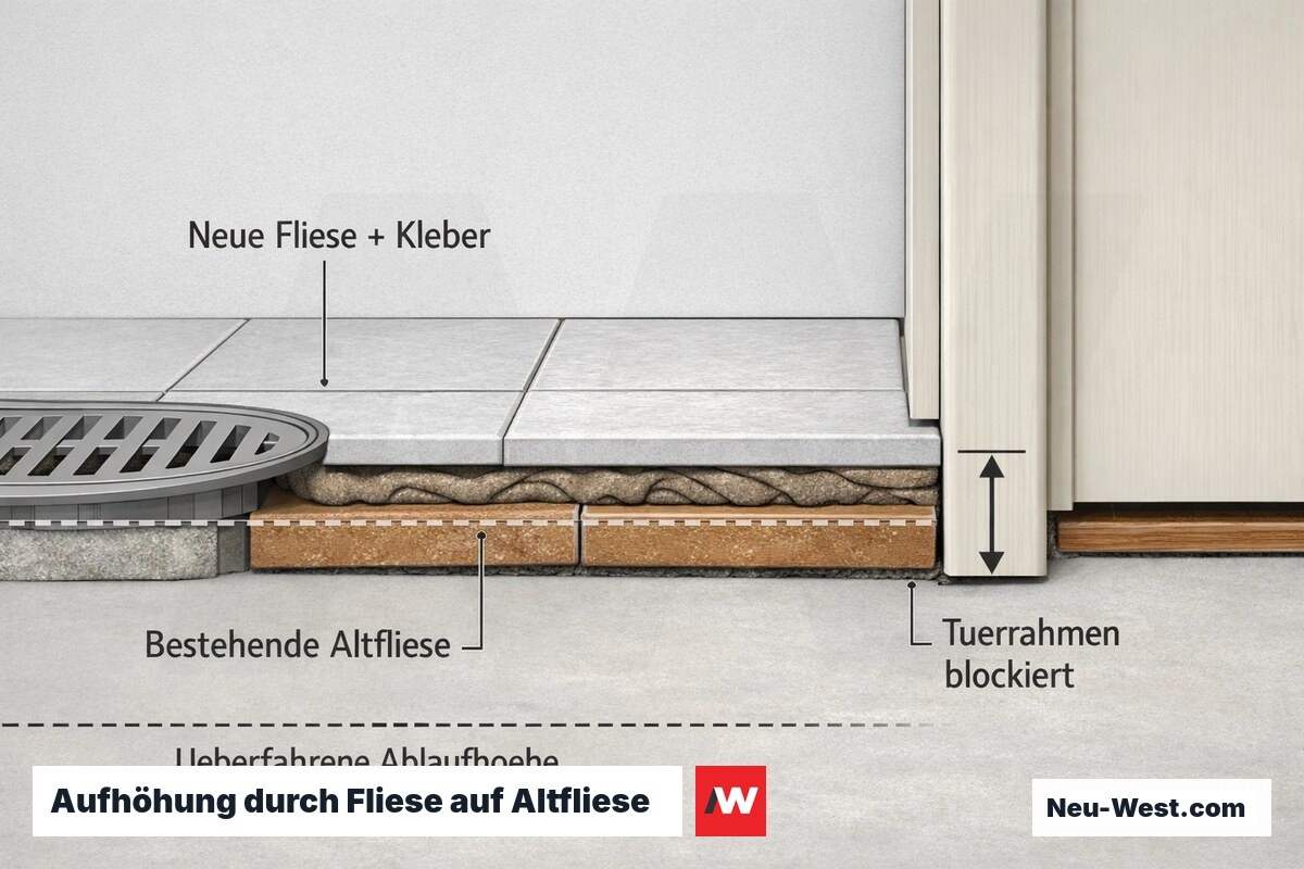 Querschnitt: neue Fliese mit Kleber auf Altfliese erhöht den Boden, blockiert Türrahmen und überfährt die Ablaufhöhe am Bodenablauf.