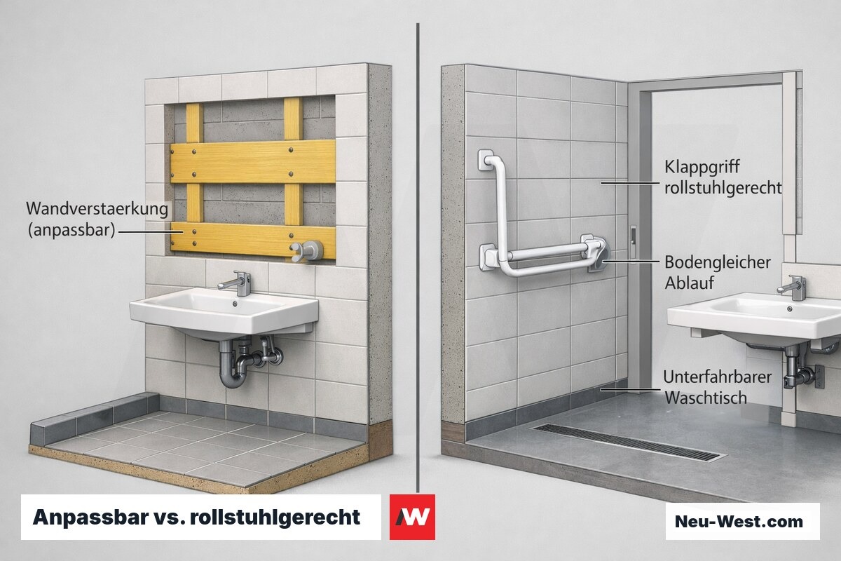 Querschnitt-Vergleich eines Badezimmers: links anpassbare Ausstattung mit Wandverstärkung, rechts rollstuhlgerechte Ausführung mit Klappgriff und bodengleichem Ablauf nach DIN 18040-2.
