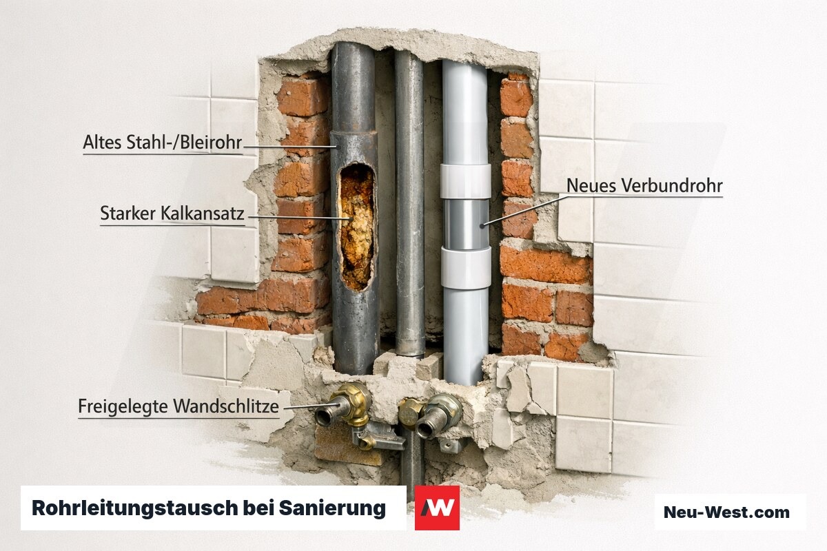 Wandquerschnitt zeigt altes verkalktes Stahl-/Bleirohr neben neuem Verbundrohr in freigelegtem Wandschlitz einer Badsanierung.