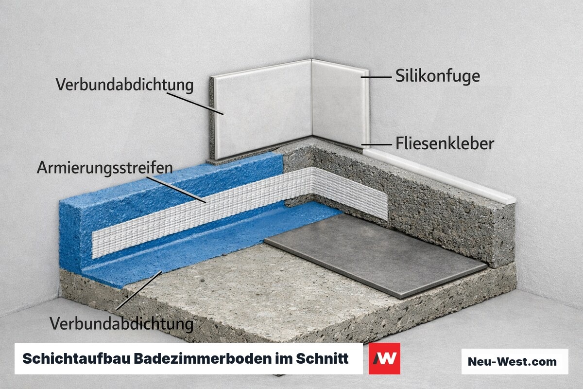 Querschnitt Badezimmerboden: Verbundabdichtung mit Armierungsstreifen, Fliesenkleber und Silikonfuge am Wandanschluss