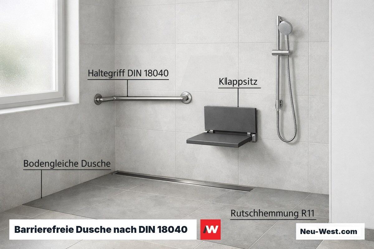 Barrierefreie bodengleiche Dusche mit Haltegriffen, Klappsitz und rutschhemmenden Fliesen nach DIN 18040