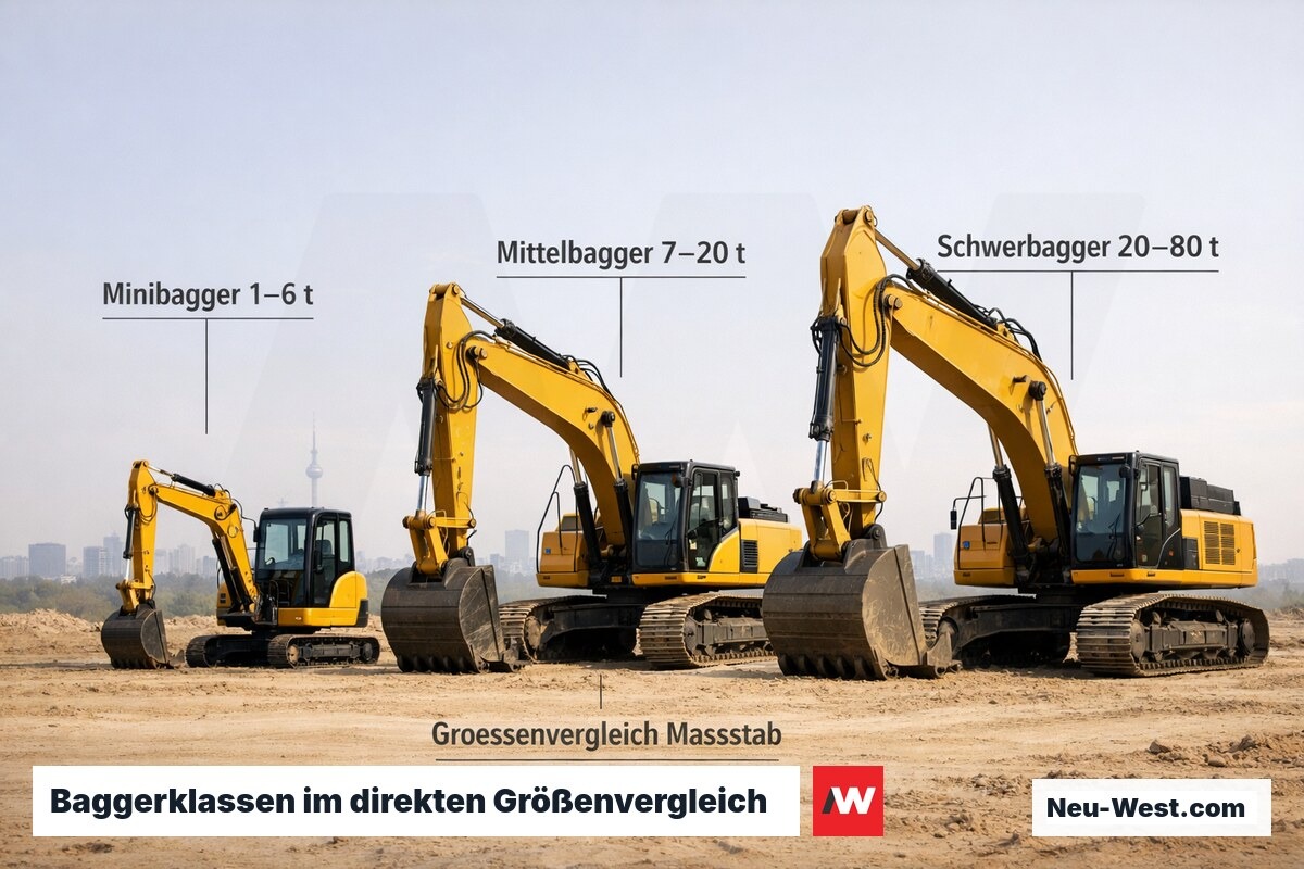 Drei Hydraulikbagger verschiedener Gewichtsklassen nebeneinander auf Baustelle – Minibagger, Mittelbagger und Schwerbagger im Maßstabsvergleich
