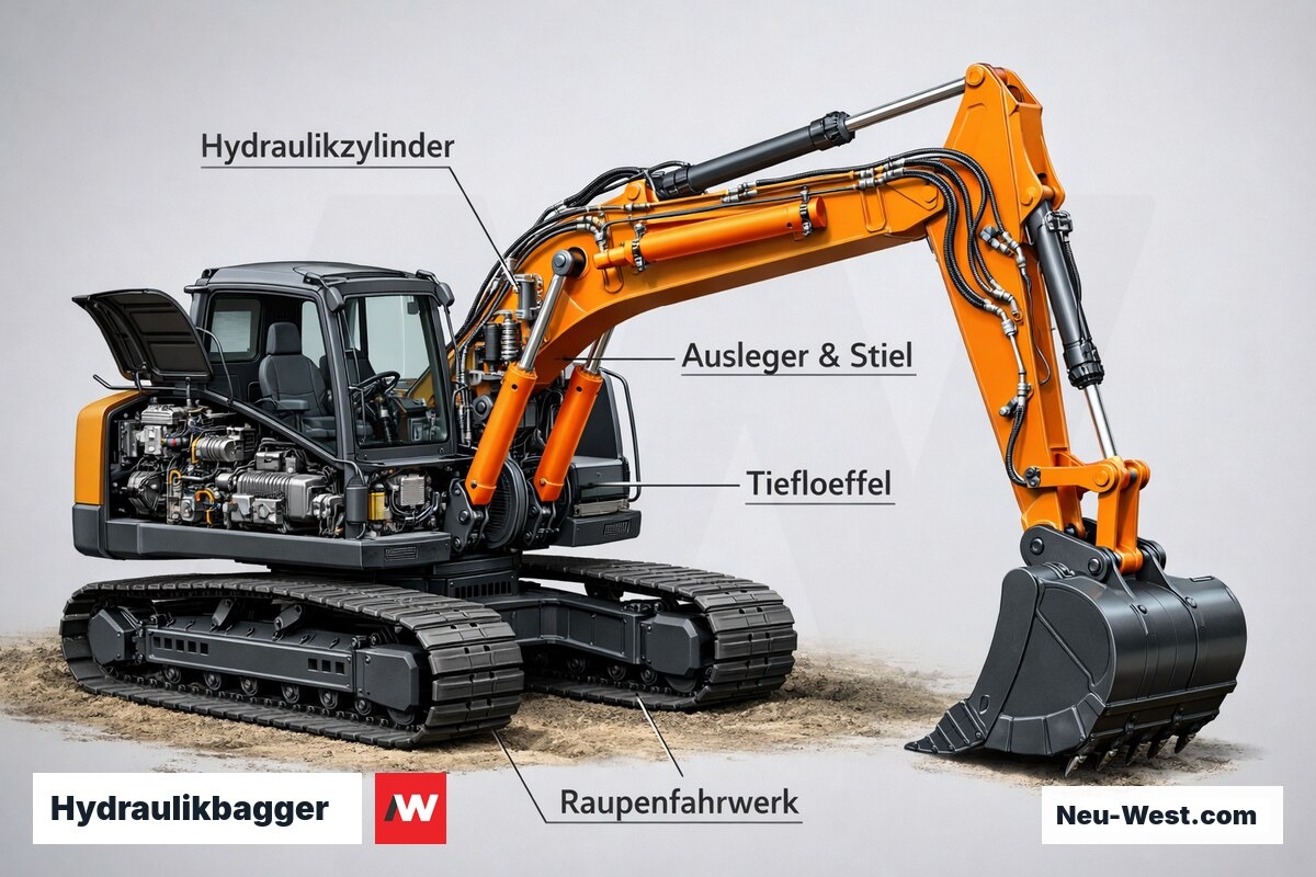 Technische Schnittdarstellung eines Kettenbaggers mit beschrifteten Hauptkomponenten: Ausleger, Hydraulikzylinder, Löffel und Raupenfahrwerk