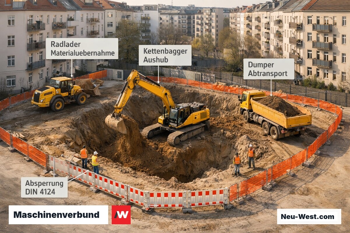 Vogelperspektive einer Berliner Baugrube mit koordiniertem Einsatz von Kettenbagger, Radlader und Dumper beim Fundamentaushub