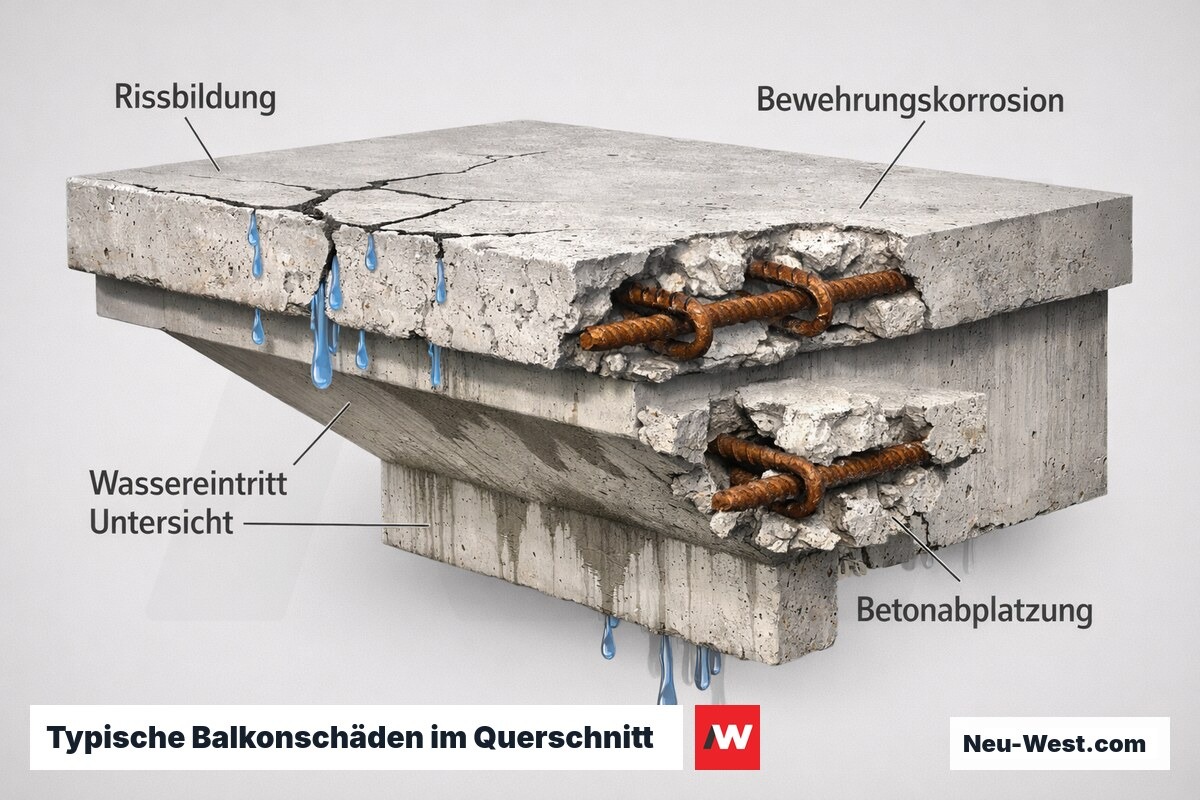 Querschnitt einer geschädigten Betonbalkonplatte mit Rissen, korrodierter Bewehrung, Abplatzungen und Wassereintritt an der Untersicht