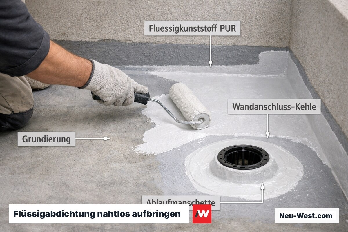 Handwerker rollt PUR-Flüssigkunststoff-Abdichtung auf vorbereiteten Balkon auf, inklusive Wandanschluss und Ablaufdetail
