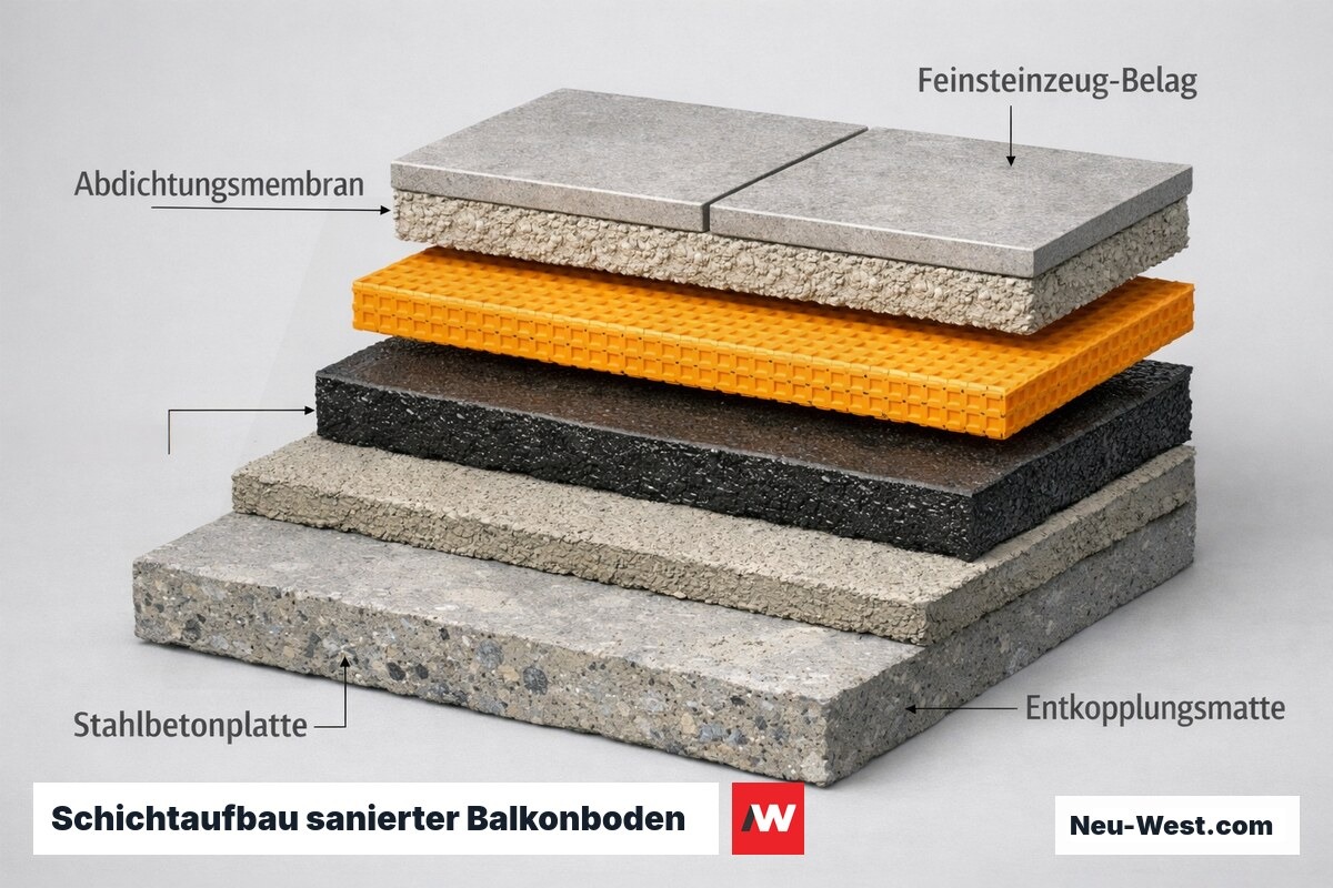 Schematischer Querschnitt des Schichtaufbaus eines sanierten Balkons von der Tragplatte bis zum Fliesenbelag