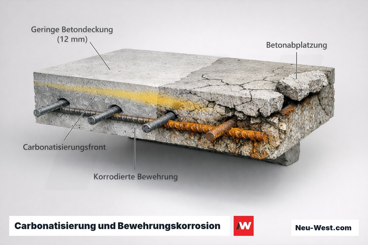 Querschnitt einer Balkonplatte zeigt Carbonatisierungsfront, korrodierte Bewehrung und Betonabplatzung durch geringe Betondeckung.