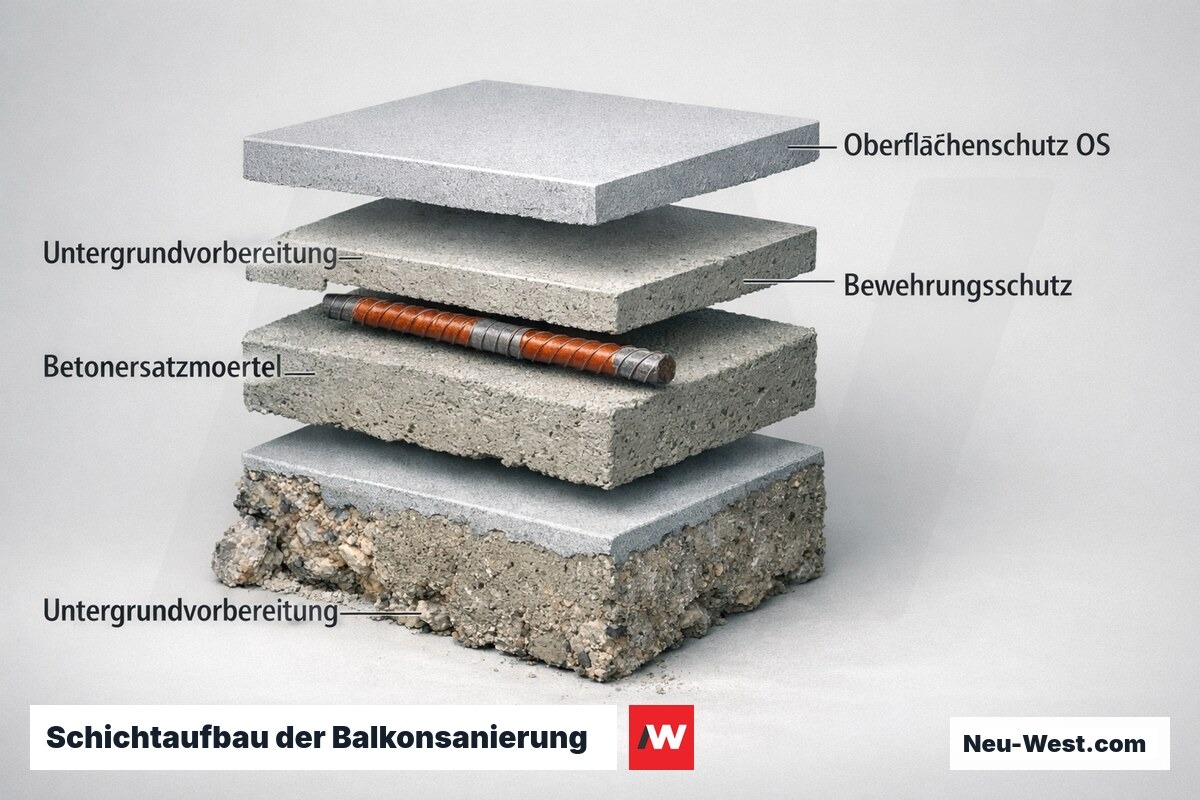 Explosionsdarstellung zeigt Schichtaufbau einer Balkonsanierung: Haftbrücke, Betonersatzmörtel, Korrosionsschutz und Oberflächenschutz.