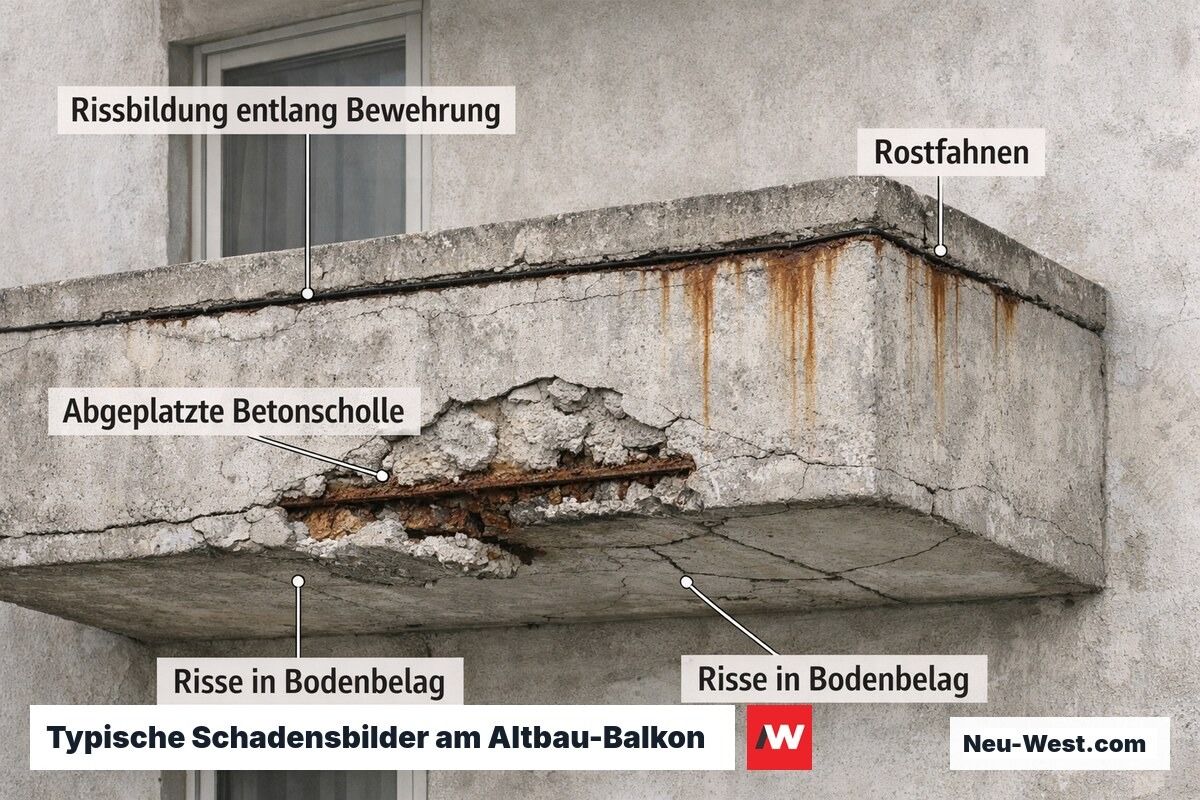 Verwitterter Altbau-Balkon zeigt klassische Betonschäden: Risse, Rostfahnen, abgeplatzte Betonschollen und Risse im Bodenbelag.