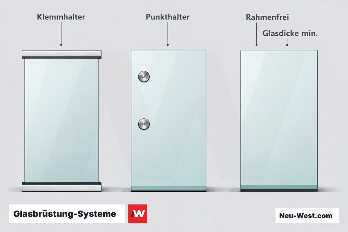 Glasbrüstung-Systeme: Klemmhalter / Punkthalter / Rahmenfrei im Vergleich – Erklär-Grafik (NEUWEST Berlin)