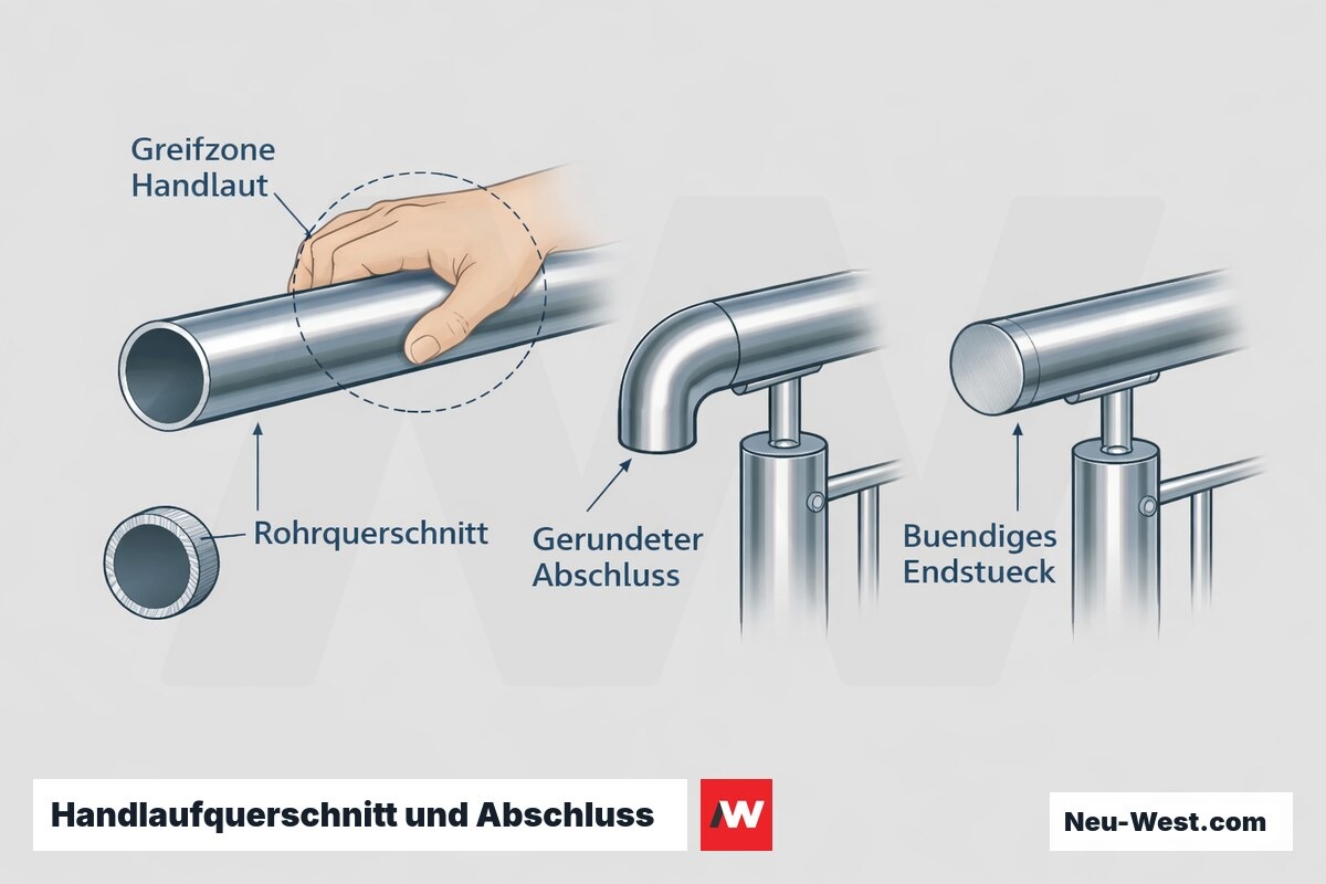 Technischer Querschnitt eines Balkon-Handlaufs mit Greifzone, Rohrquerschnitt sowie gerundetem und bündigem Rohrabschluss nach DIN 18065.