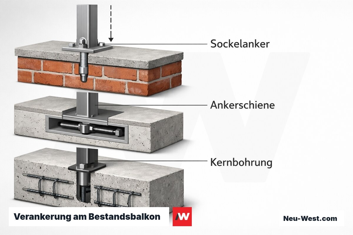 Verankerung am Bestandsbalkon: Sockelanker / Ankerschiene / Kernbohrung – Erklär-Grafik (NEUWEST Berlin)