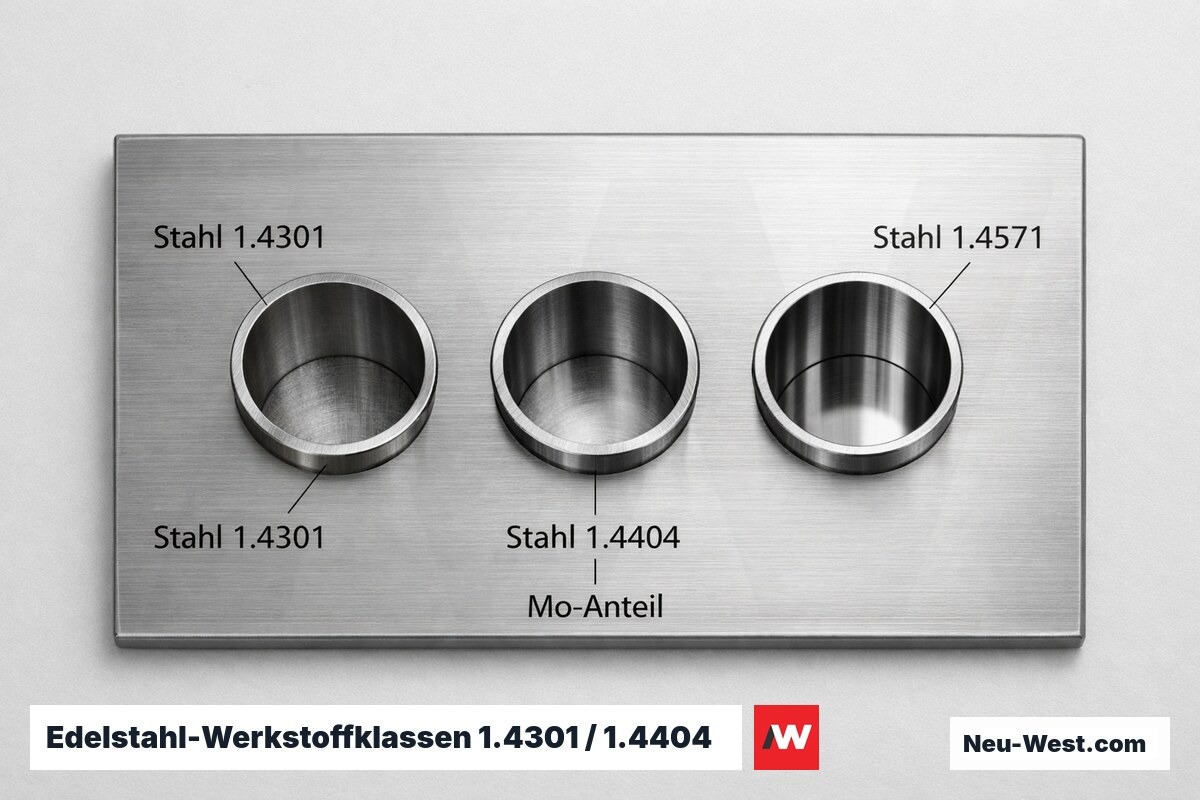 Edelstahl-Werkstoffklassen 1.4301 / 1.4404 / 1.4571 im Vergleich – Erklär-Grafik (NEUWEST Berlin)