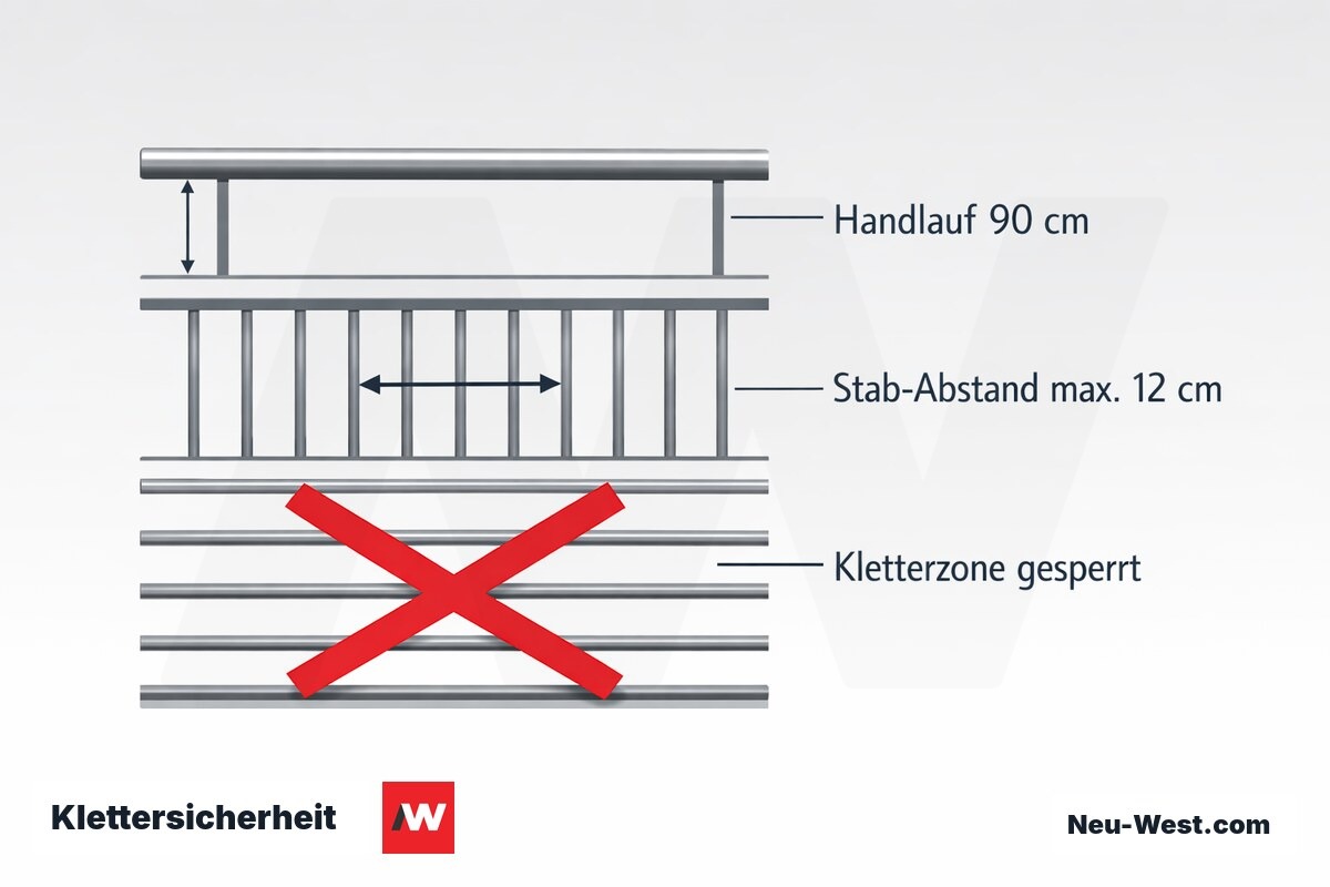 Klettersicherheit: Kritische Geometrien am Balkongelaender – Erklär-Grafik (NEUWEST Berlin)