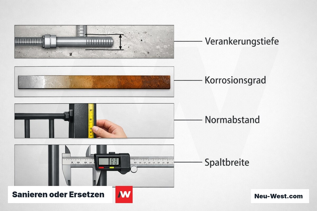 Sanieren oder Ersetzen: Entscheidungs-Checkliste Bestandsgelaender – Erklär-Grafik (NEUWEST Berlin)