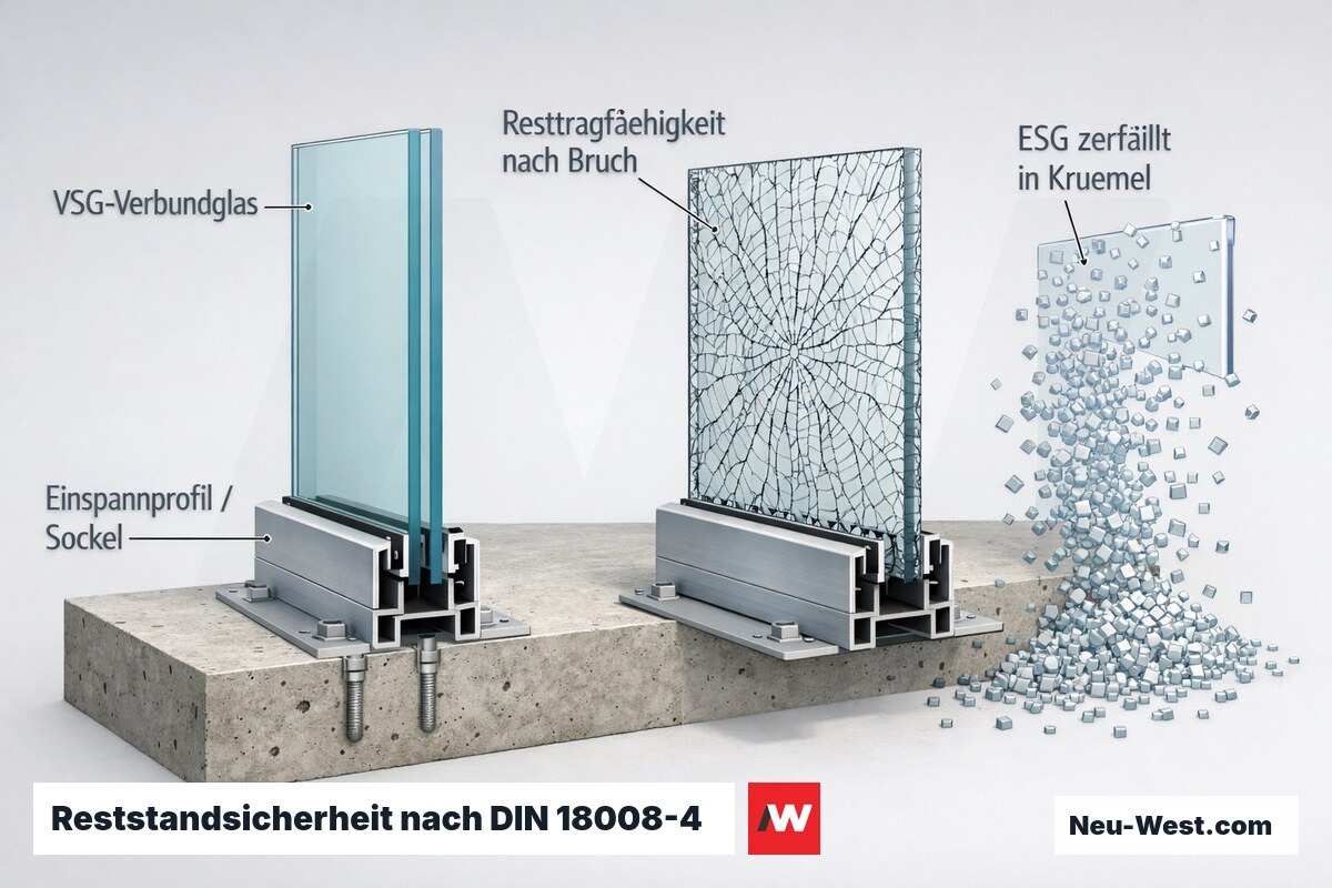 Querschnitt einer eingespannten Glasbrüstung: VSG hält nach Bruch die Absturzsicherung, monolithisches ESG zerfällt in kleine Krümel.