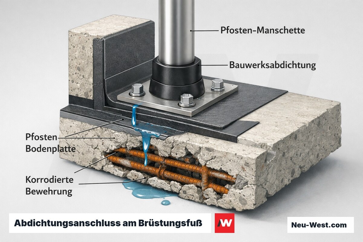Querschnitt Brüstungsfuß nach DIN 18531: Abdichtungsanschluss mit Pfosten-Manschette, verdeckter Wassereintrag und Bewehrungskorrosion im Balkonbeton.