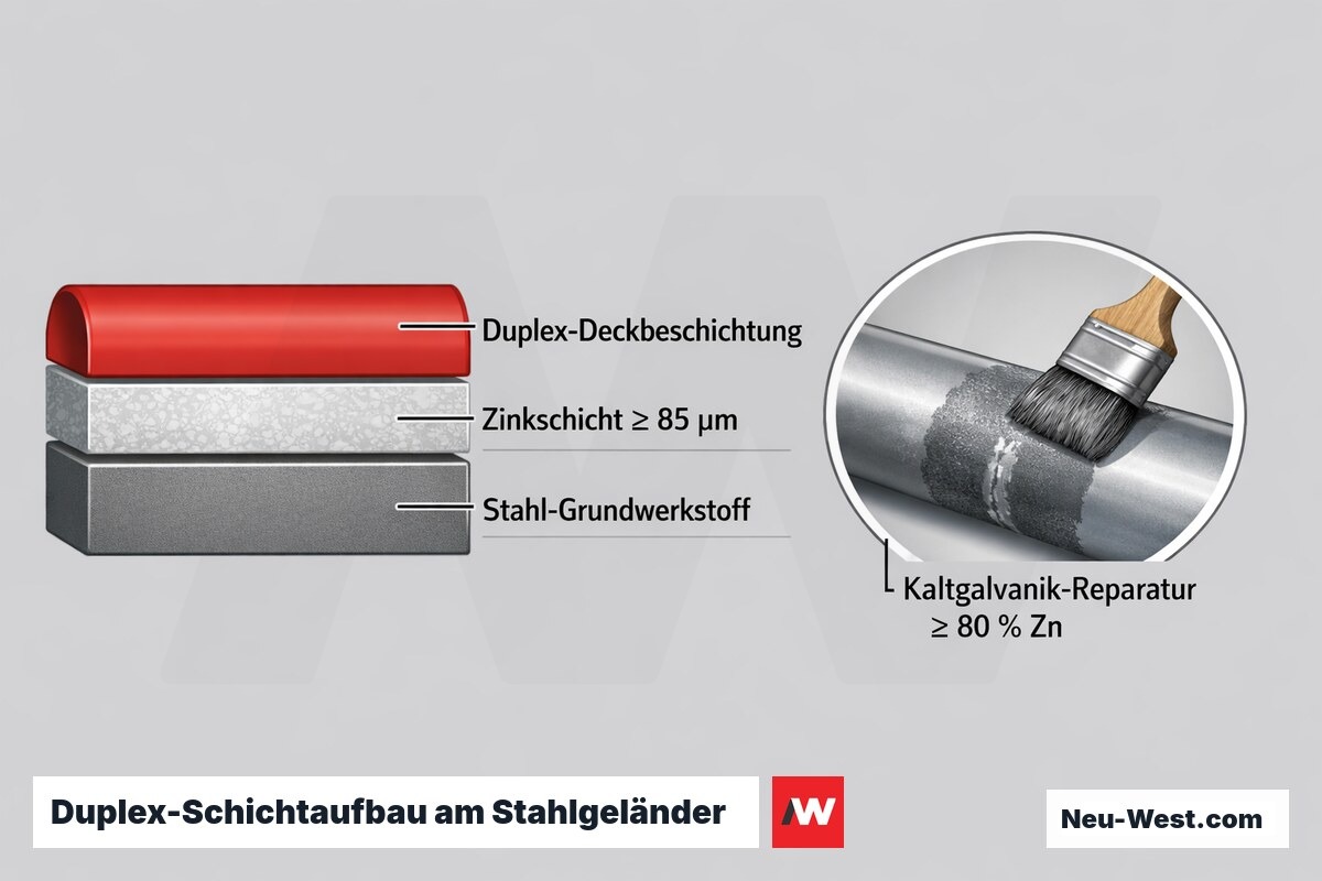 Querschnitt-Grafik: Schichtaufbau eines feuerverzinkten Stahlrohrs mit Zinkschicht ≥85 μm, Duplex-Deckschicht und Kaltgalvanik-Reparatur an Schweißnaht.