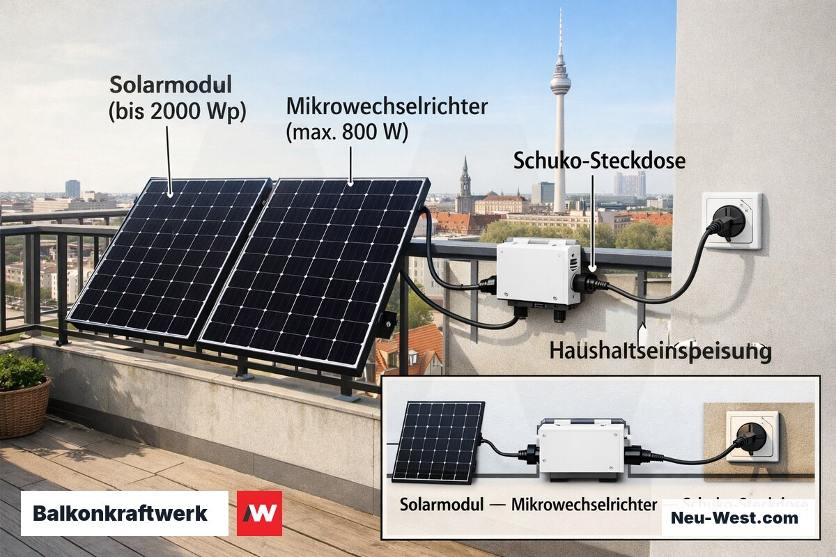 Balkonanlage mit zwei Solarmodulen am Geländer, Wechselrichter und Schuko-Stecker im Querschnitt erklärt