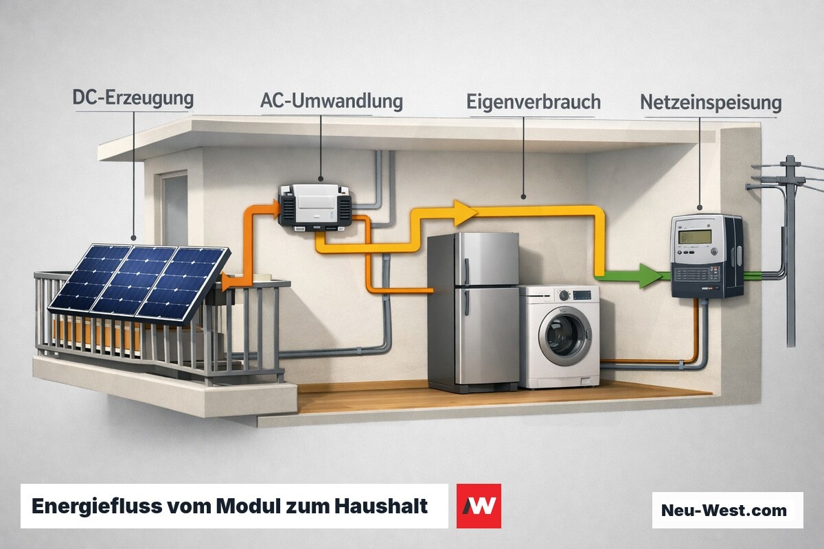 Schematische Schnittansicht einer Wohnung zeigt Energiefluss von Balkon-Solarmodulen über Wechselrichter zu Haushaltsgeräten