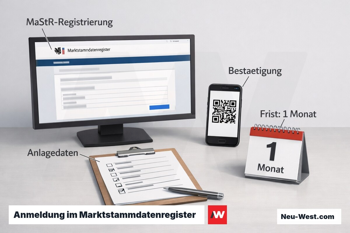 Schritt-für-Schritt-Darstellung der MaStR-Registrierung für Balkonkraftwerke mit Portal, Formular und Fristkalender