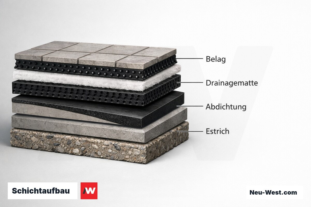 Schichtaufbau: Sanierte Balkonfläche mit Schichtdicken – Erklär-Grafik (NEUWEST Berlin)