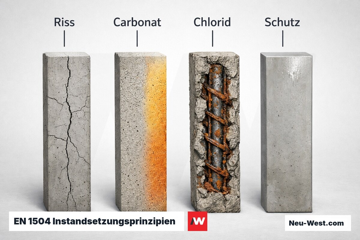 EN 1504 Instandsetzungsprinzipien: Schadensbild entscheidet – Erklär-Grafik (NEUWEST Berlin)