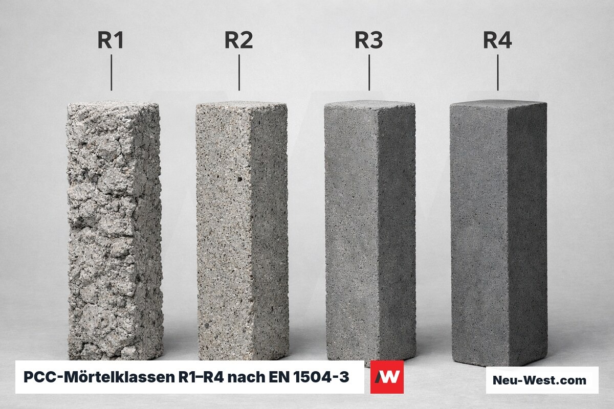 PCC-Mörtelklassen R1–R4 nach EN 1504-3 – Erklär-Grafik (NEUWEST Berlin)