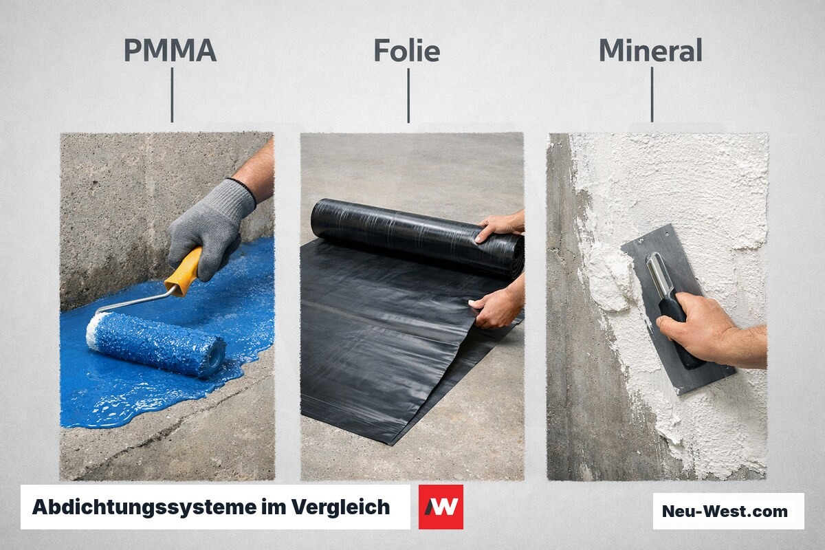 Abdichtungssysteme im Vergleich: Eignung je Untergrund und Nutzung – Erklär-Grafik (NEUWEST Berlin)