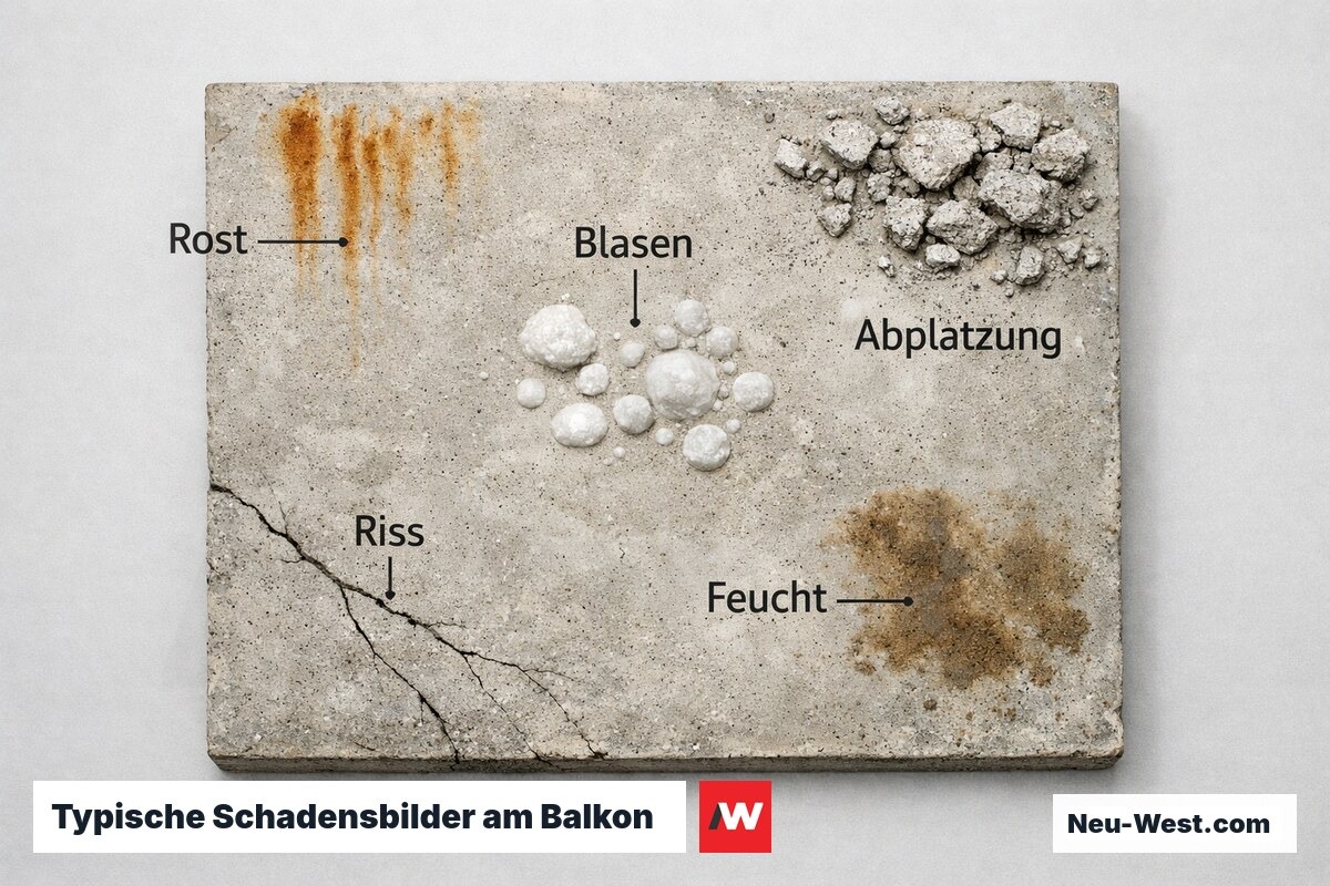 Typische Schadensbilder am Balkon: Ursachen auf einen Blick – Erklär-Grafik (NEUWEST Berlin)